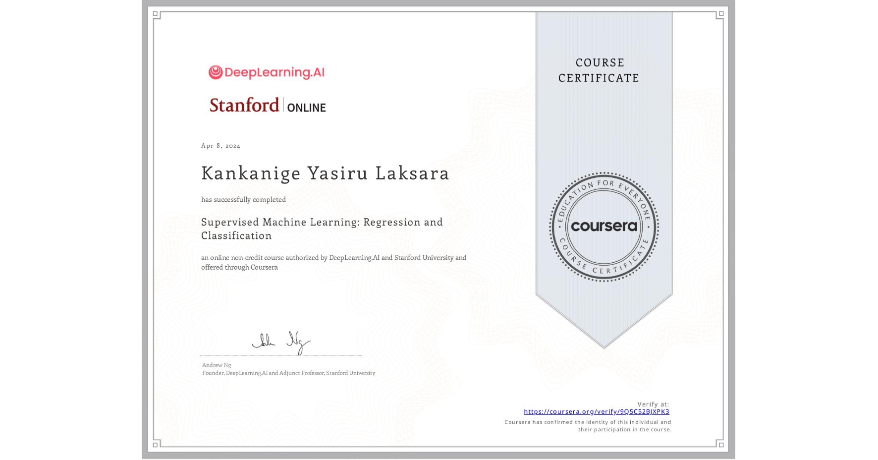 Coursera Supervised ML Certificate